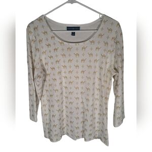 Karen Scott white with Gold Camels Crewneck 3/4 Sleeve Shirt Size Medium